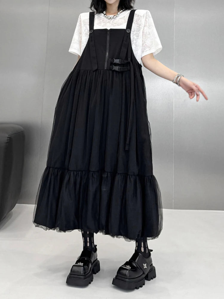 Women Black Buckle Mesh Big Size Midi Strap Dress New Square Collar Sleeveless Fashion Tide Spring Autumn 2025 1DJ1426