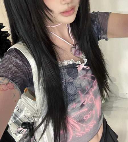 Crop T Shirts Women Clothing Rabbit Print Cute Tees Short Sleeve Square Collar Camisetas Y2k Tops Casual Y2k Tshirt Ropa Mujer