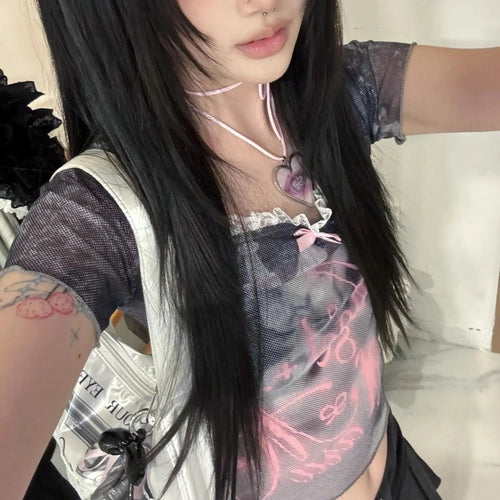 Load image into Gallery viewer, Crop T Shirts Women Clothing Rabbit Print Cute Tees Short Sleeve Square Collar Camisetas Y2k Tops Casual Y2k Tshirt Ropa Mujer
