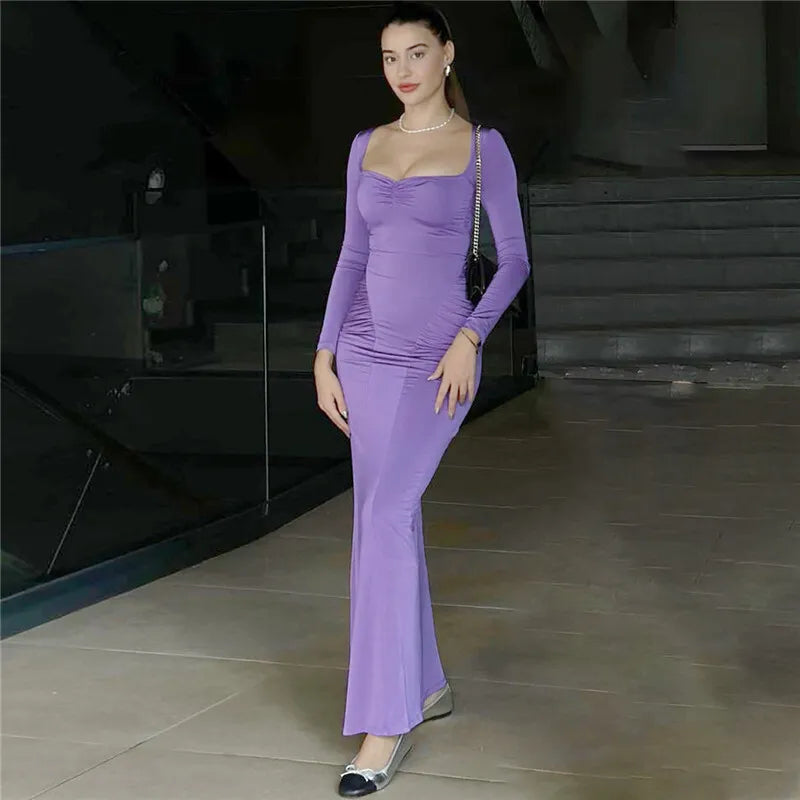 Square Collar Long Sleeve Sexy Long Dress For Women Gown Fashion Elegant Autumn Solid Bodycon Maxi Dress Clubwear