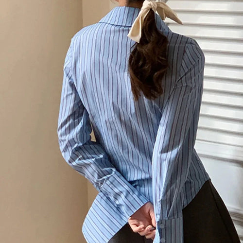 Load image into Gallery viewer, Blue Striped Slim Women Shirt Button Long Sleeve Single Breasted Female Fashion Streetwear Outfits Casual Simple Shirts
