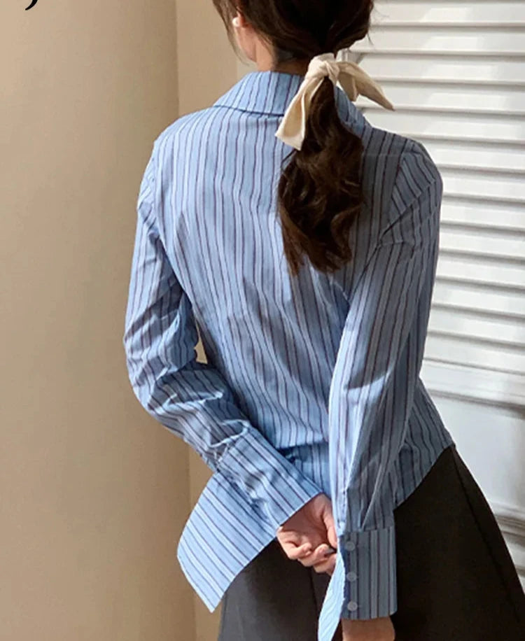 Blue Striped Slim Women Shirt Button Long Sleeve Single Breasted Female Fashion Streetwear Outfits Casual Simple Shirts