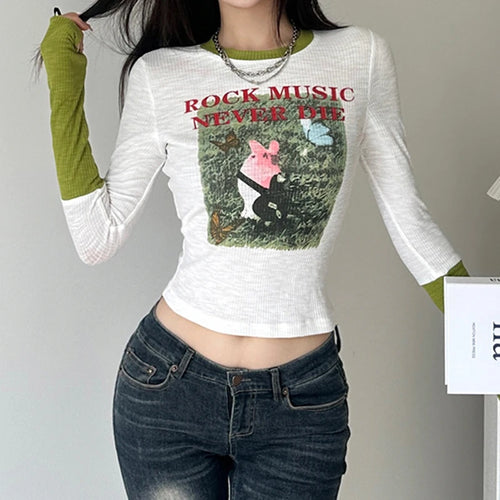 Load image into Gallery viewer, Korean Style Graphic Tee Shirt Women Print Patched Skinny Cropped Top Harajuku Cutecore Spring Tshirt Contrast Color
