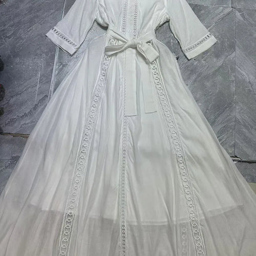 Load image into Gallery viewer, Hollow Out Spliced Single Breasted Fashion Dresses for Women Lapel Short Sleeves Patchwork Lace Up Dress Female New
