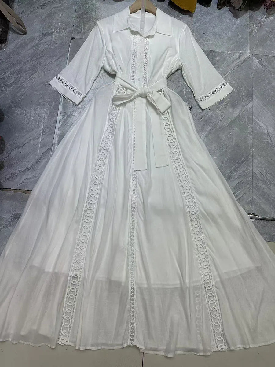 Hollow Out Spliced Single Breasted Fashion Dresses for Women Lapel Short Sleeves Patchwork Lace Up Dress Female New