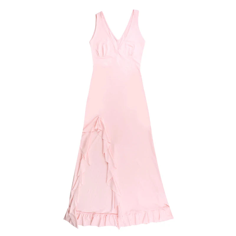 Elegant Sleeveless Ruffles Sexy Long Dress For Women Summer New Deep V Neck Backless Thigh High Split Maxi Dress