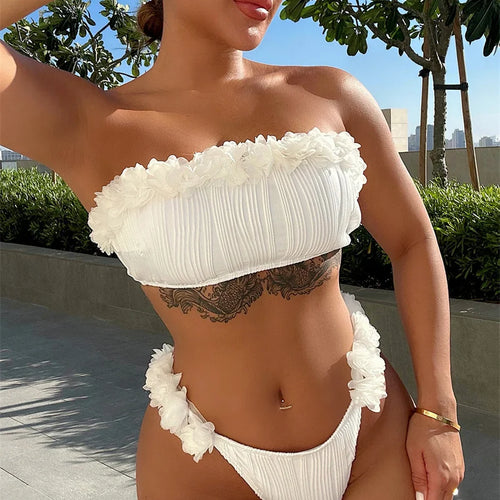 Load image into Gallery viewer, Sexy White Ruffled Bandeau Bikini Women Swimwear 2025 Push Up Bikini Set Brazilian Swimsuit Female Bathing Suit
