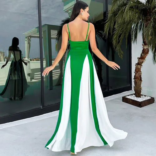 Load image into Gallery viewer, Patchwork Spaghetti Strap Maxi Dress For Women Color Contrast Slipdress Ladies Sleeveless Backless Loose Long Dress
