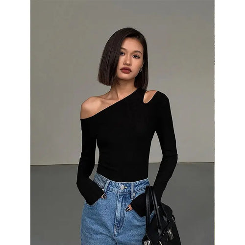 Load image into Gallery viewer, Black Sexy Woman Tshirts 2024 Ropa Mujer Skew Collar Long Sleeve Tunic T Shirts Korean Camisetas Hollow Out Fashion Y2k Tops
