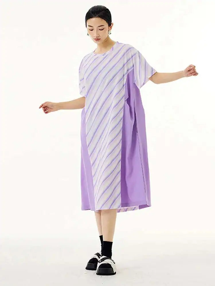 Women Purple Striped Color-block Big Size Dress New Round Neck Short Sleeve Fashion Tide Spring Summer 2025 1DH5420