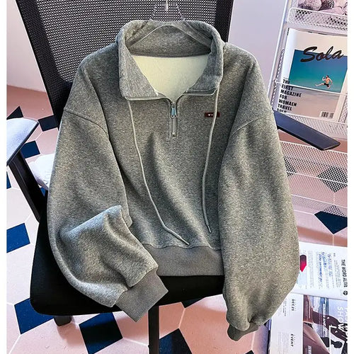 Load image into Gallery viewer, Korean Fashion Women's Beige Velvet Half Zipper Sweatshirt Autumn Winter Grey Long Sleeve Holiday Casual Pullover Tops Thick New
