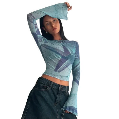 Load image into Gallery viewer, Abstract Blue Print Graphic T Shirts Girls Y2k Clothing Frill Mesh Sheer Flare Sleeve Crop Tops for Women P85-BZ10
