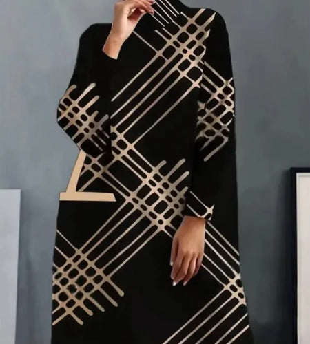 Women Wedding Guest Mini Dress Striped Printed Pockets High Neck Dress Long Sleeves Loose Elegant Party Evening Dresses