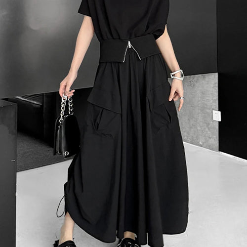 Load image into Gallery viewer, High Elastic Waist Black Pocket Pleated Drawstring A-line Half-body Skirt Women Fashion New Spring Autumn 2025 1DJ1169
