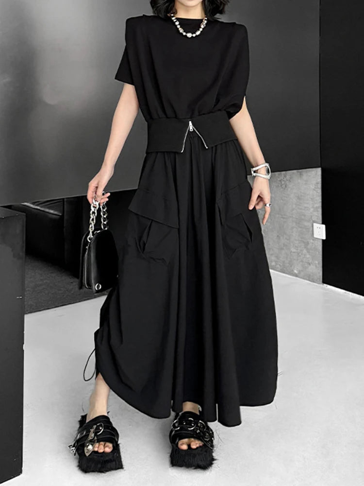 High Elastic Waist Black Pocket Pleated Drawstring A-line Half-body Skirt Women Fashion New Spring Autumn 2025 1DJ1169