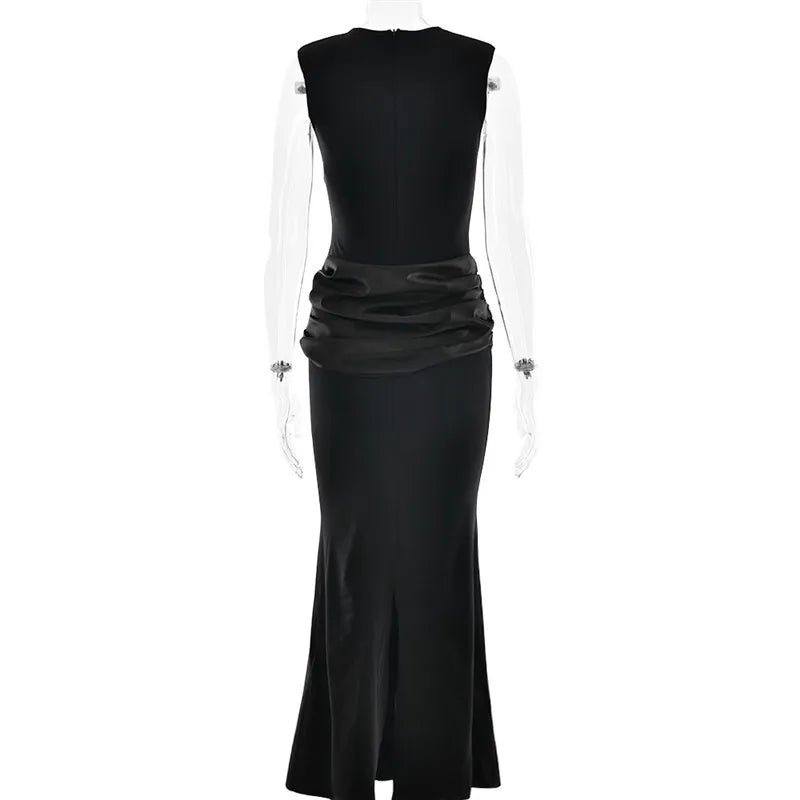 Sleeveless Ruched Sexy Maxi Dress For Women Gown Fashion Black O Neck High Waist Bodycon Club Party Long Dress Vestido