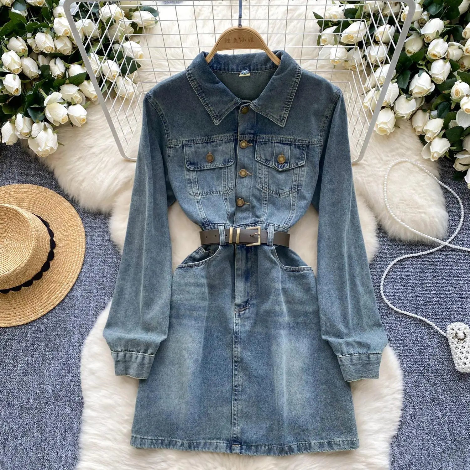 Autumn Retro Blue Long Sleeves Single Breasted Denim Mini Dress Korean Fashion Women Slim High Waist A-line Jeans Short Dresses