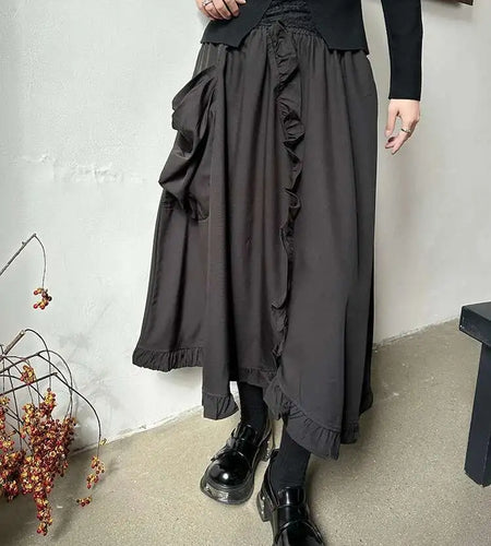 High Elastic Waist Black Ruffles Irregular Pocket A-line Half-body Skirt Women Fashion Tide New Spring Autumn 2025 1DH8737