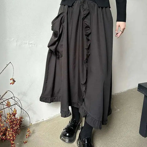 Load image into Gallery viewer, High Elastic Waist Black Ruffles Irregular Pocket A-line Half-body Skirt Women Fashion Tide New Spring Autumn 2025 1DH8737

