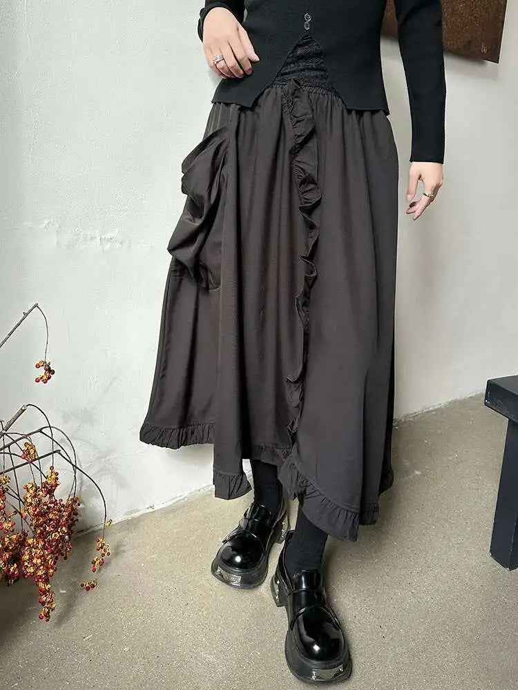 High Elastic Waist Black Ruffles Irregular Pocket A-line Half-body Skirt Women Fashion Tide New Spring Autumn 2025 1DH8737