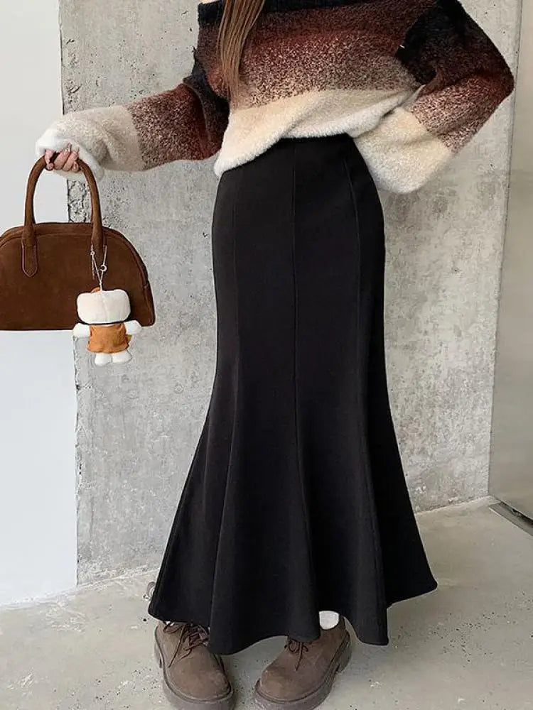 Korean Fashion Black High Waist Women Vacation Wrapped Hip Long Skirt Autumn Winter Brown Fishtail Skirts Trendy Streetwear Chic
