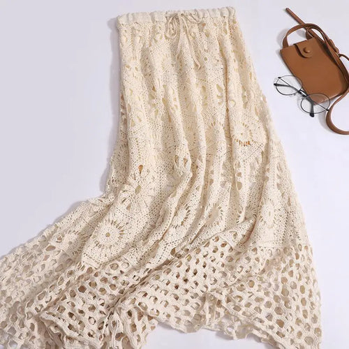 Load image into Gallery viewer, Women Beige Elegant High Waist Hollowed Out Lace Up Knitted Skirt Summer Vintage Bohemian White Vacation Long Skirt Romantic New
