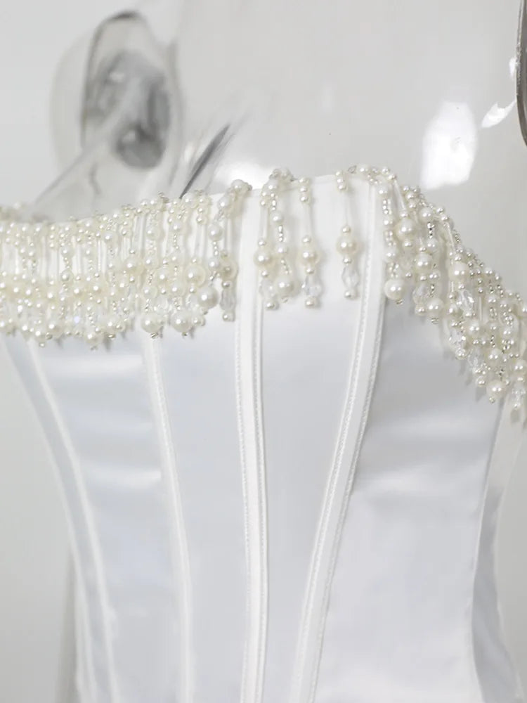 Luxury Strapless Women Cropped Top White Embellished Pearls and Beads Corset Tops Sexy Party Cocktail Clothing