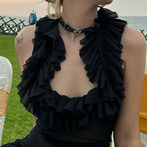 Load image into Gallery viewer, Harajuku Gauze Ruffled U Neck Tees Women Y2k Aesthetic Solid Vintage Sleeveless T-Shirt Streetwear See Through Grunge Slim Tops
