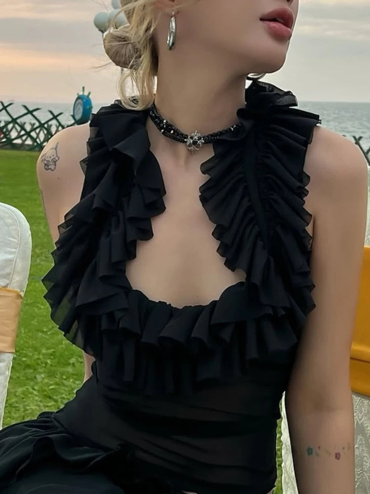 Harajuku Gauze Ruffled U Neck Tees Women Y2k Aesthetic Solid Vintage Sleeveless T-Shirt Streetwear See Through Grunge Slim Tops