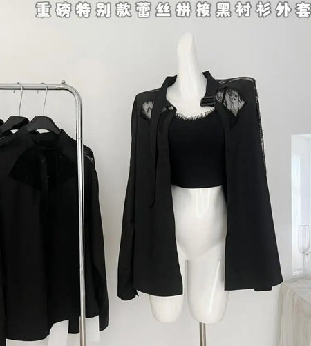 Women's Black Patchwork Lace Single Breasted Cotton Shirt Spring Autumn Long Sleeve Loose Blouses Office Lady Elegant Tops Trend