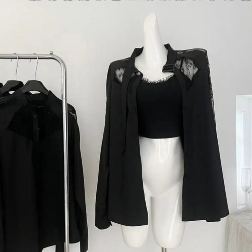 Load image into Gallery viewer, Women's Black Patchwork Lace Single Breasted Cotton Shirt Spring Autumn Long Sleeve Loose Blouses Office Lady Elegant Tops Trend
