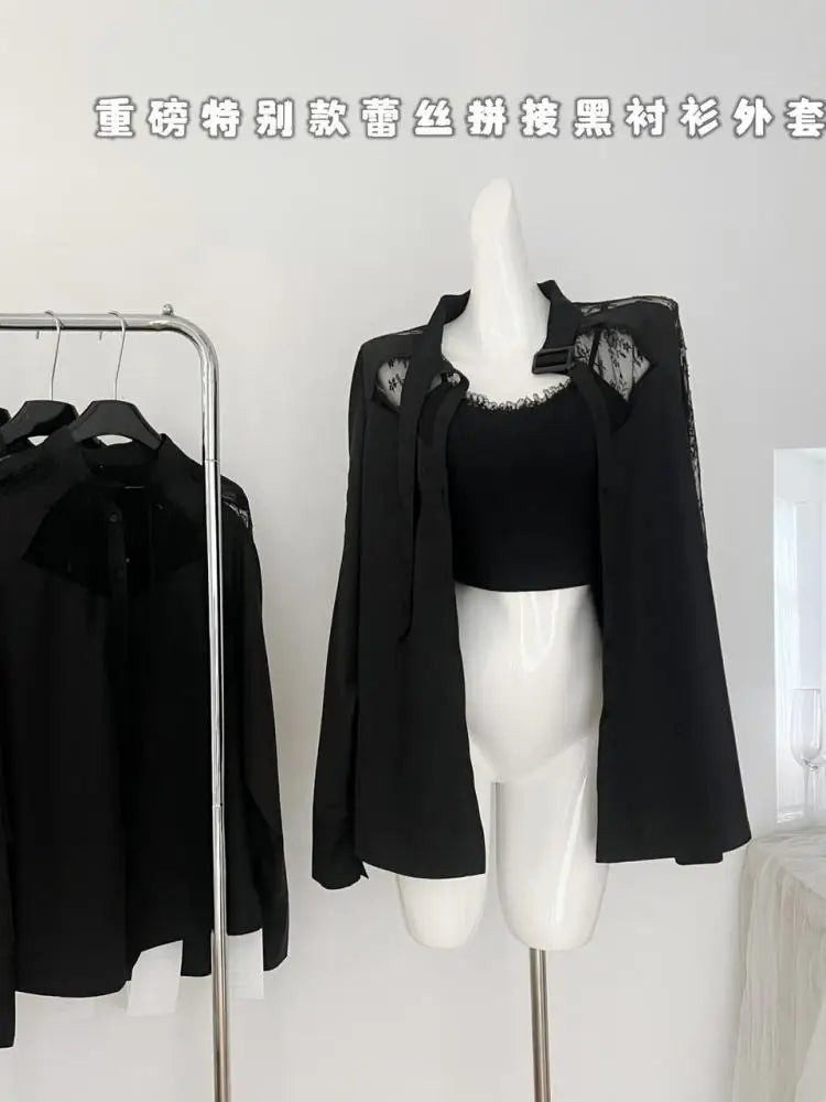 Women's Black Patchwork Lace Single Breasted Cotton Shirt Spring Autumn Long Sleeve Loose Blouses Office Lady Elegant Tops Trend