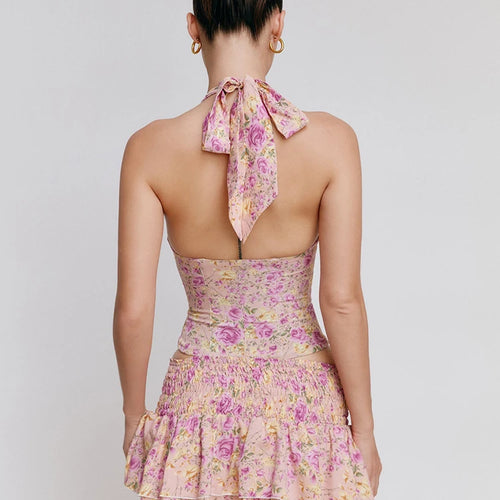 Load image into Gallery viewer, Sexy Sleeveless Print Two Piece Set Women Button Suspended Tank Top Lace up Hundred pleats Mini Skirt Set Beachwear 2024
