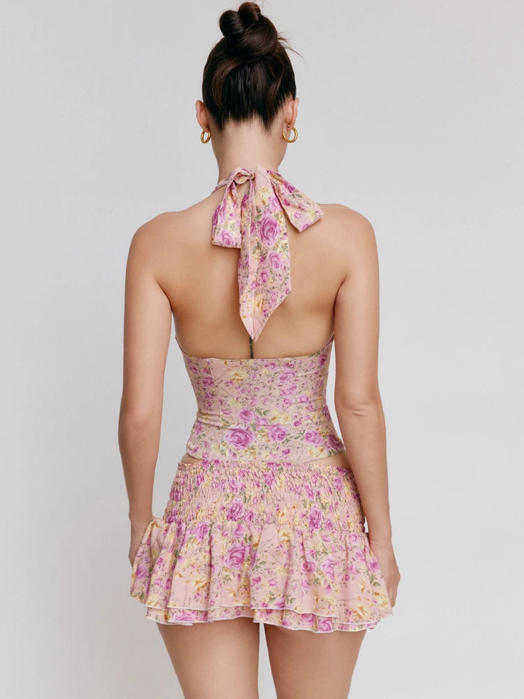 Sexy Sleeveless Print Two Piece Set Women Button Suspended Tank Top Lace up Hundred pleats Mini Skirt Set Beachwear 2024