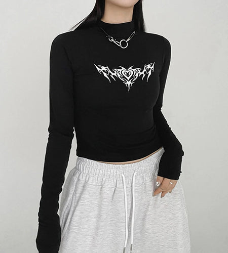 Gothic Dark Print Skinny Autumn Tshirts Female Y2K Harajuku Chain Basic Turtleneck Tee Cropped Tops Slim Long Sleeve