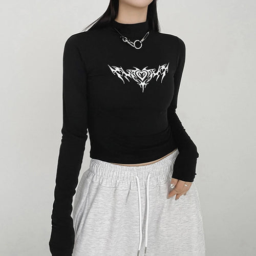 Load image into Gallery viewer, Gothic Dark Print Skinny Autumn Tshirts Female Y2K Harajuku Chain Basic Turtleneck Tee Cropped Tops Slim Long Sleeve
