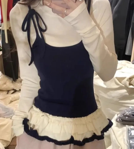 Korean Woman T Shirts Fake Two Chic Tees Long Sleeve O-neck Ruffles Sweet Camisetas Bandage Casual Y2k T-shirts 2025 Ropa Mujer