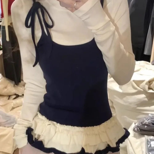 Load image into Gallery viewer, Korean Woman T Shirts Fake Two Chic Tees Long Sleeve O-neck Ruffles Sweet Camisetas Bandage Casual Y2k T-shirts 2025 Ropa Mujer
