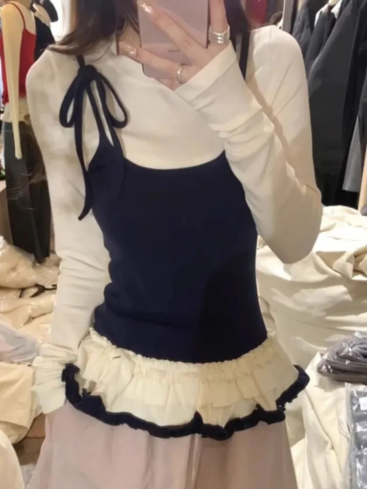 Korean Woman T Shirts Fake Two Chic Tees Long Sleeve O-neck Ruffles Sweet Camisetas Bandage Casual Y2k T-shirts 2025 Ropa Mujer