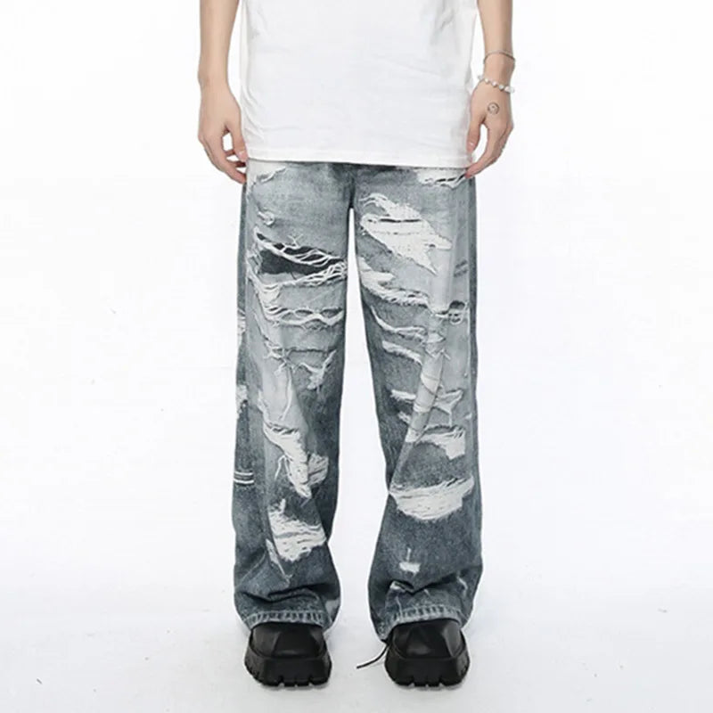 Men's Denim Pants 2024 Summer Fashion Casual Pocket Zipper Male Straight Leg Trousers Retro Style Loose Hole 9C5394