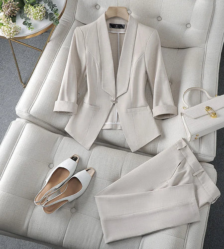 Spring Summer 2023 Flanged Casual Jacket Blazer Slim Pencil Pants Elegant Women's Pants Suit Office Manager Outfits Two Piece