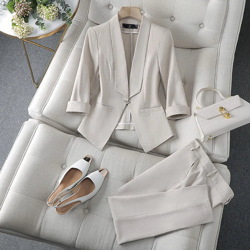 Load image into Gallery viewer, Spring Summer 2023 Flanged Casual Jacket Blazer Slim Pencil Pants Elegant Women&#39;s Pants Suit Office Manager Outfits Two Piece
