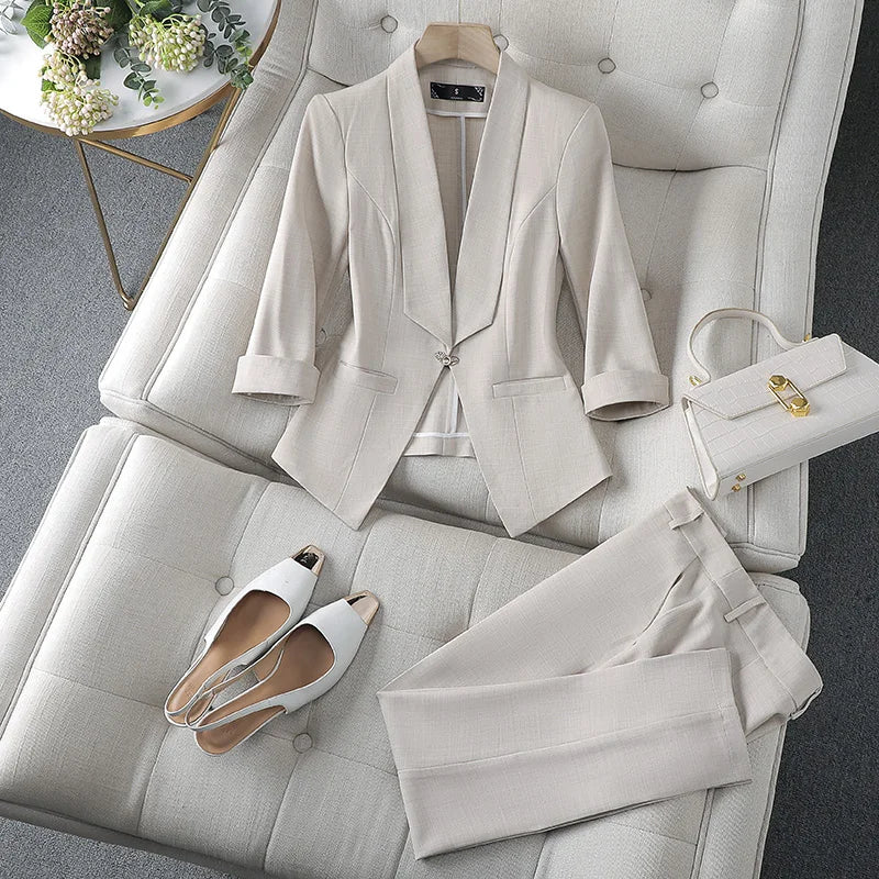 Spring Summer 2023 Flanged Casual Jacket Blazer Slim Pencil Pants Elegant Women's Pants Suit Office Manager Outfits Two Piece