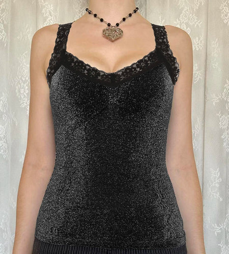 Fashion Black Lace Patchwork Skinny Camis Women Sleeveless Y2K Aesthetic Vintage Party Crop Tops Bling Clubwear Basic