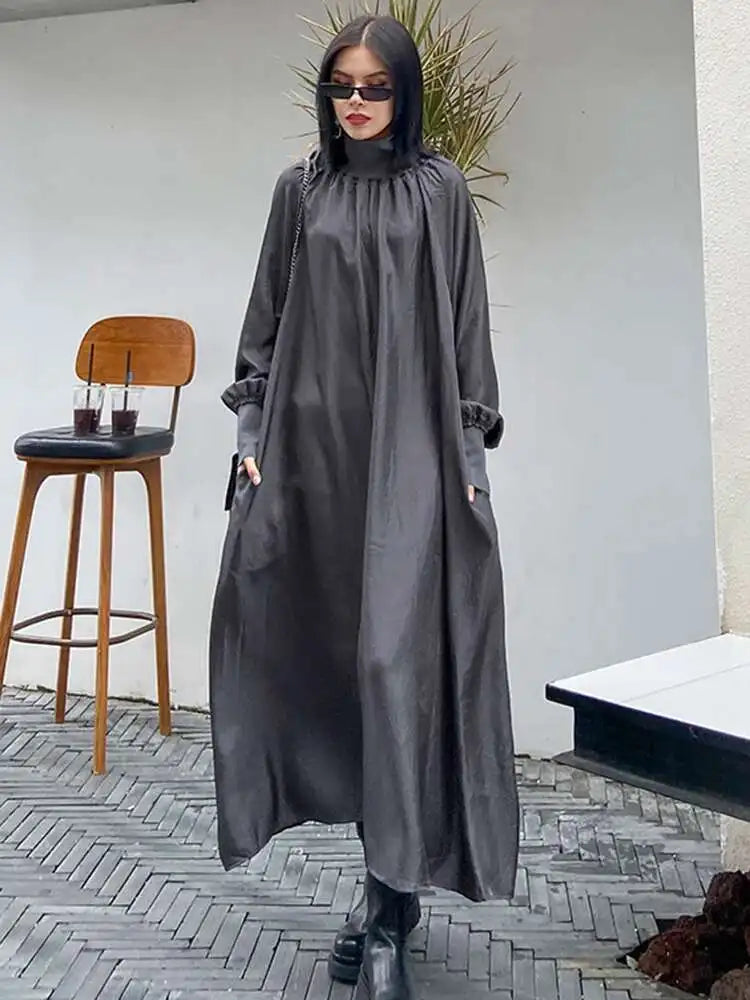 Women Gray Brief Long Big Size Elegant Dress New Turtleneck Long Sleeve Loose Fit Fashion Tide Spring Autumn 2025 1DH0252