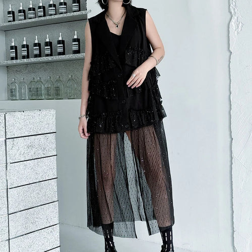 Load image into Gallery viewer, Women Black Singles Breasted Mesh Big Size Midi Vest Dress New Lapel Sleeveless Fashion Tide Spring Autumn 2025 1DJ1041
