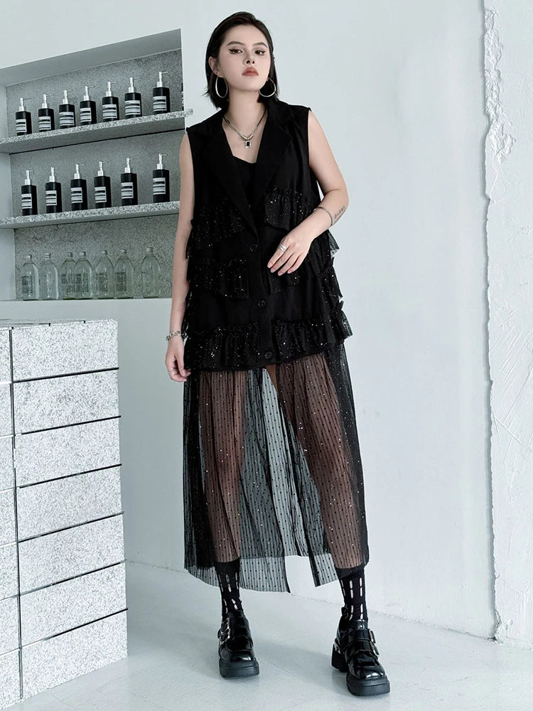 Women Black Singles Breasted Mesh Big Size Midi Vest Dress New Lapel Sleeveless Fashion Tide Spring Autumn 2025 1DJ1041