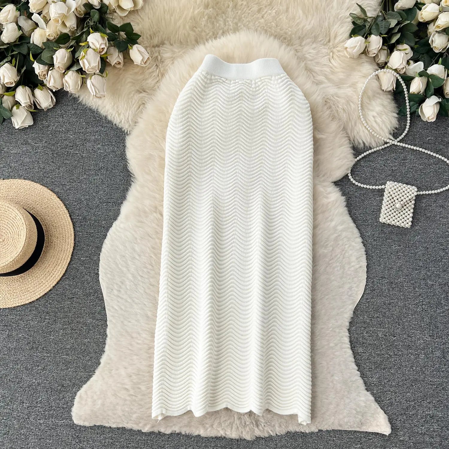 Solid Office Lady Slim Knit Pencil Skirts Women Elegant Elastic High Waist Female Casual Wave Bodycon Skirt Autumn New Fashion