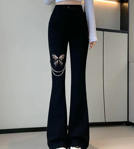 Korean Clothing Women's Black Slim High Waisted Versatile Flared Long Pant Spring Summer Butterfly Hollowed Out Trousers Fashion