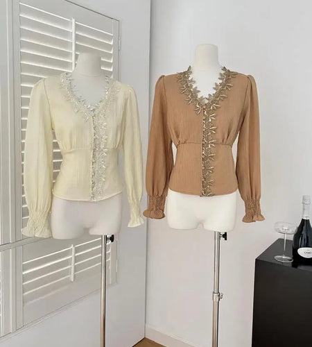 French New Ladies Slim Beige Patchwork Lace Single Breasted Short Blouse Tops Spring Brown Elegant V-neck Long Sleeve Shirt Chic